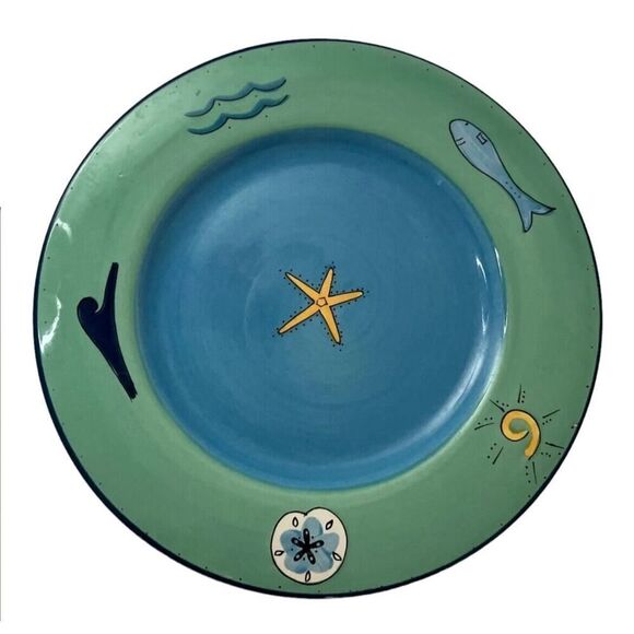 Brushes Hand Painted K.I.C. Dinner Plate - Ocean Fish Starfish - Blue / Green x2 - Picture 8 of 12